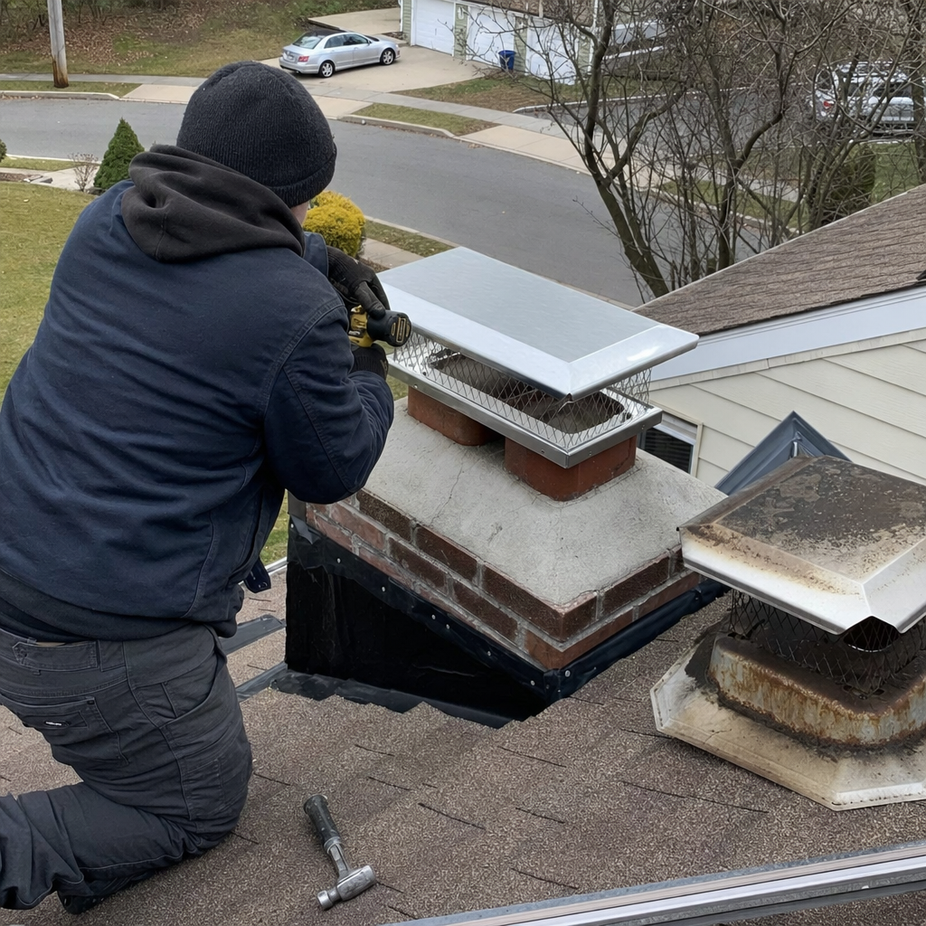 Technician installing a new stainless steel chimney cap on a roof in Cresskill, NJ