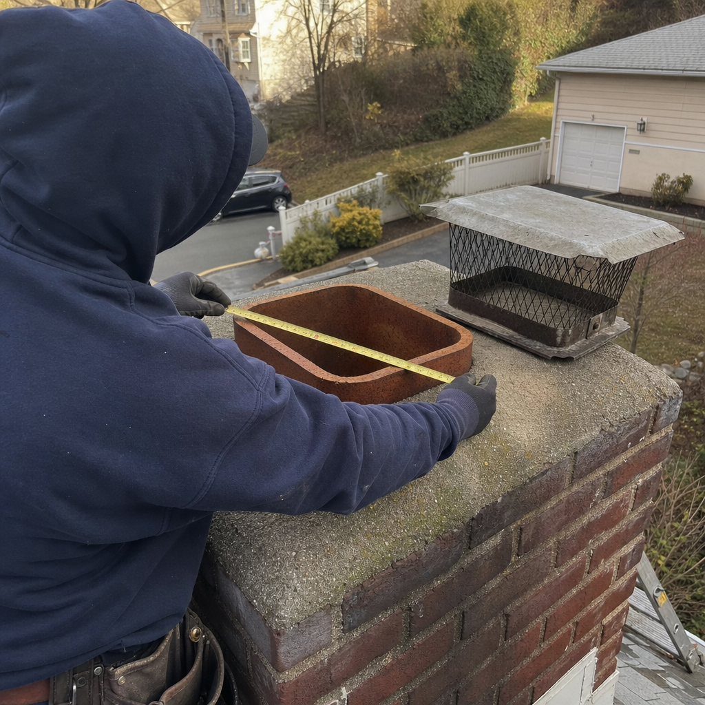 Technician measuring a chimney flue for a new chimney cap installation in Cresskill, NJ