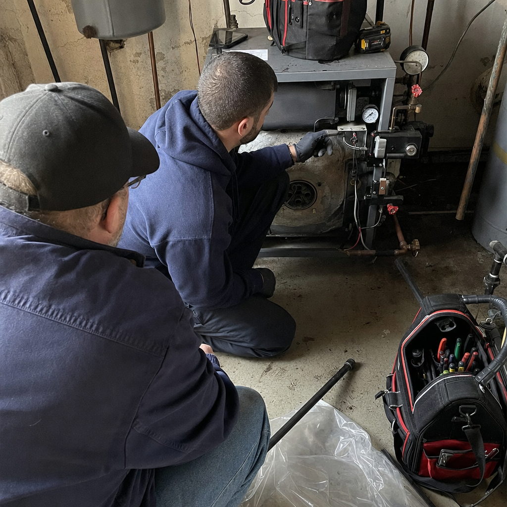 Two professional technicians performing a detailed chimney and furnace system inspection. in Yonkers, NY