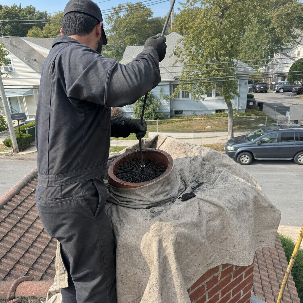 Professional chimney sweep cleaning a brick chimney with a long brush in Hackensack, NJ