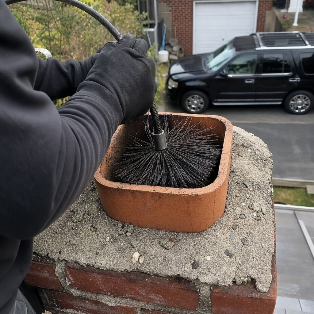 Professional chimney sweep cleaning a brick chimney flue with a wire brush in Hackensack, NJ