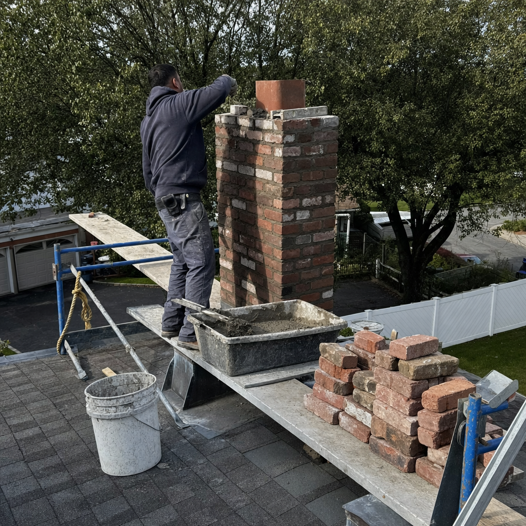 Professional mason performing chimney brickwork repair and liner installation on roof in Demarest, NJ