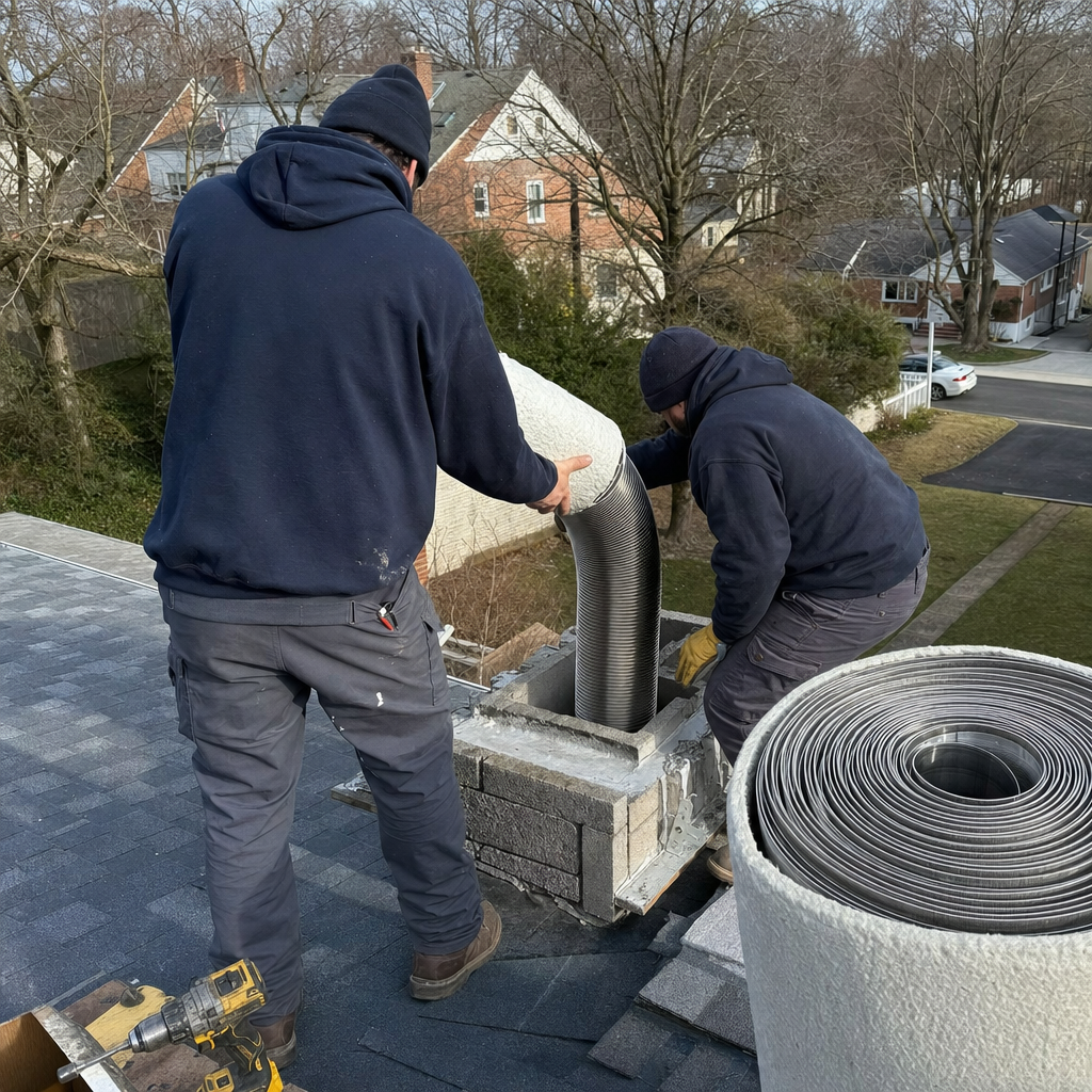 Two technicians installing a new stainless steel chimney liner on a roof in Demarest, NJ