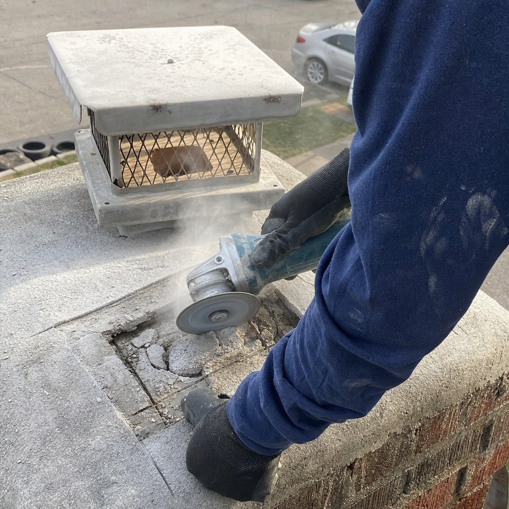 Professional technician repairing a chimney crown with an angle grinder in Hackensack, NJ
