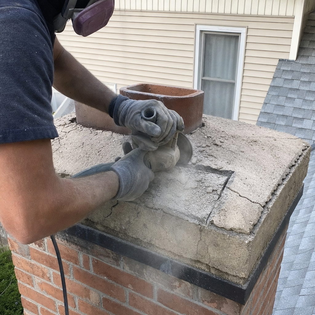 Professional construction worker performing chimney crown repair with an angle grinder in Hackensack, NJ