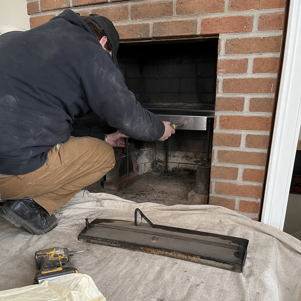 Technician performing professional fireplace maintenance and component installation in Blauvelt, NY