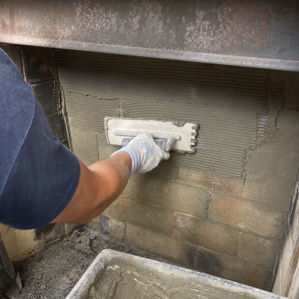 Professional contractor applying mortar to fireplace masonry with a notched trowel in Blauvelt, NY